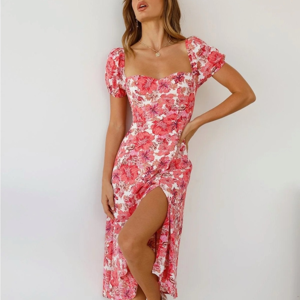 Hello Molly Pink and White Slit Midi Dress with Puff Sleeves